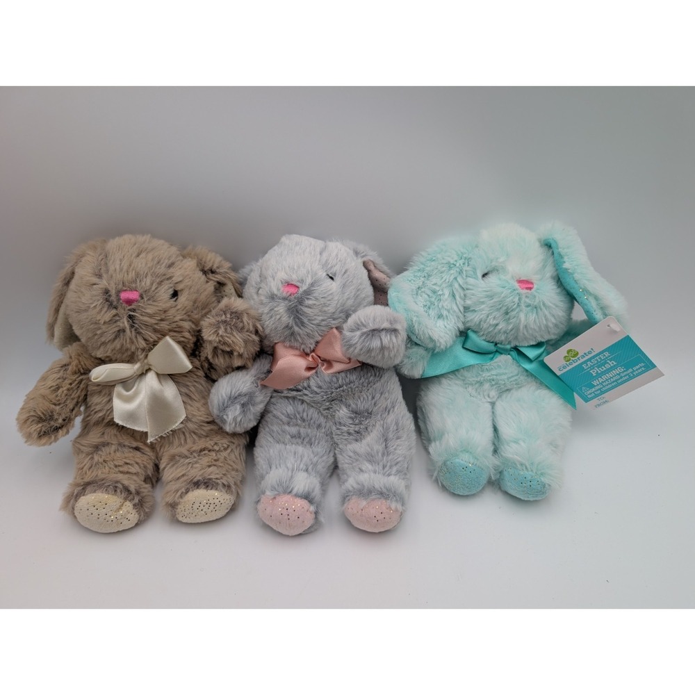 Walmart Rabbit Bunny Plush Lot of 3 Green Gray Brown Glitter Ears‎ Feet 9 Inch